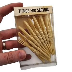 Vtg Mid Century Plastic Cocktail Forks Lot of 24 Beige Tan 1950s